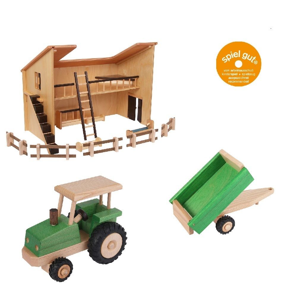 Set Bauernhofspielzeug aus Holz Stall,Traktor,Anhänger, Beck Holzspielzeug