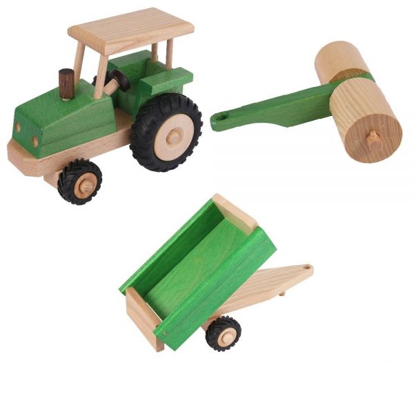 Beck Holzspielzeug Set Traktor, Anhänger, Walze aus Holz